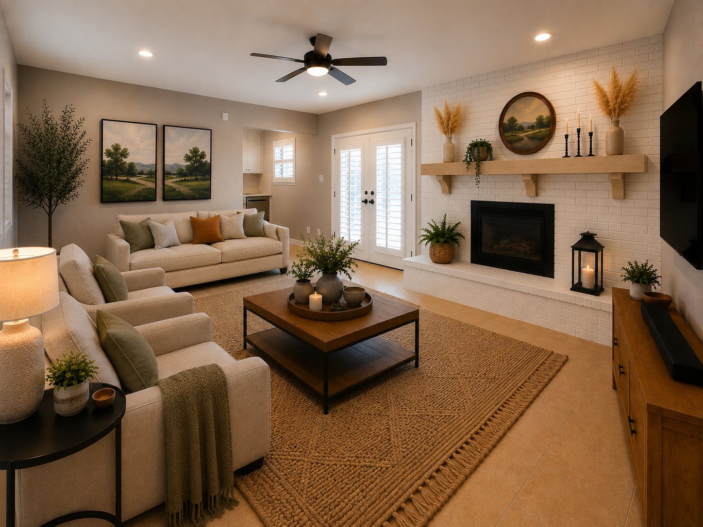 Bright, remodeled open-concept living room at 2021 Sandy Trail with painted-brick fireplace, warm wood accents, and neutral tile flooring.